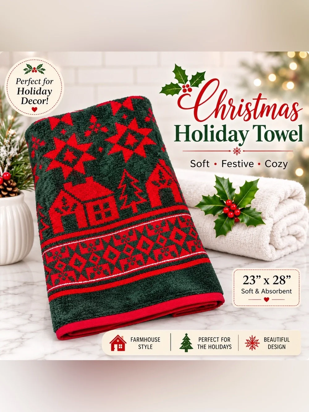 Christmas Holiday Towel Green Red Cottage Stars Holly Soft 23x28 Farmhouse Decor